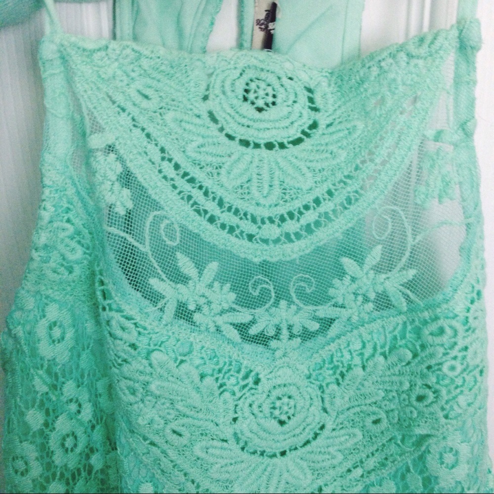 mint green dress with lace detailing